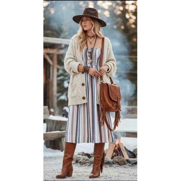 Free People Lilah Multi Striped Pleated Button Front Midi Dress Women's Small - Picture 1 of 12